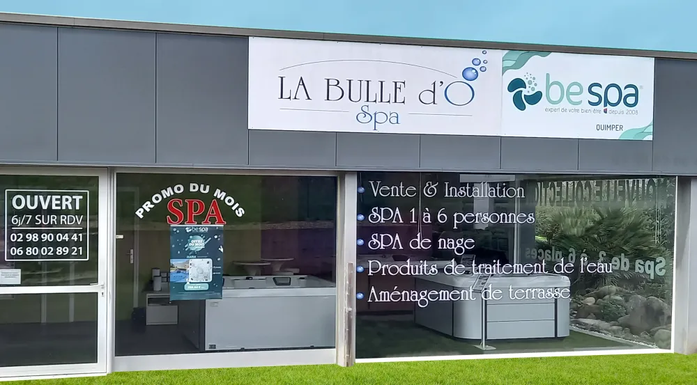 Magasin La Bulle d'O à Quimper, Finistère, affichant clairement son statut de distributeur officiel BE SPA