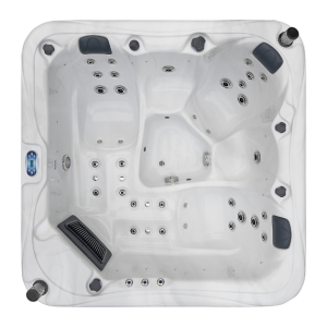 Vue aérienne du spa Awah sans eau, montrant la conception spacieuse des postes de massage