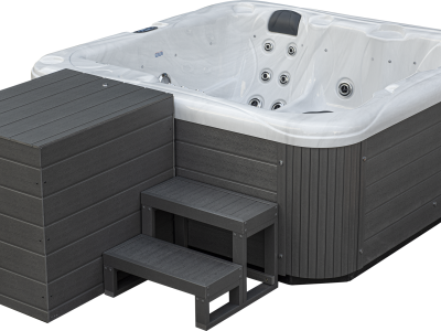Accessoires inclus avec la gamme professionnelle de spas : un escalier robuste en composite et un coffre à filtre à sable. L'escalier facilite l'accès au spa tandis que le coffre à filtre à sable assure une filtration efficace et discrète.